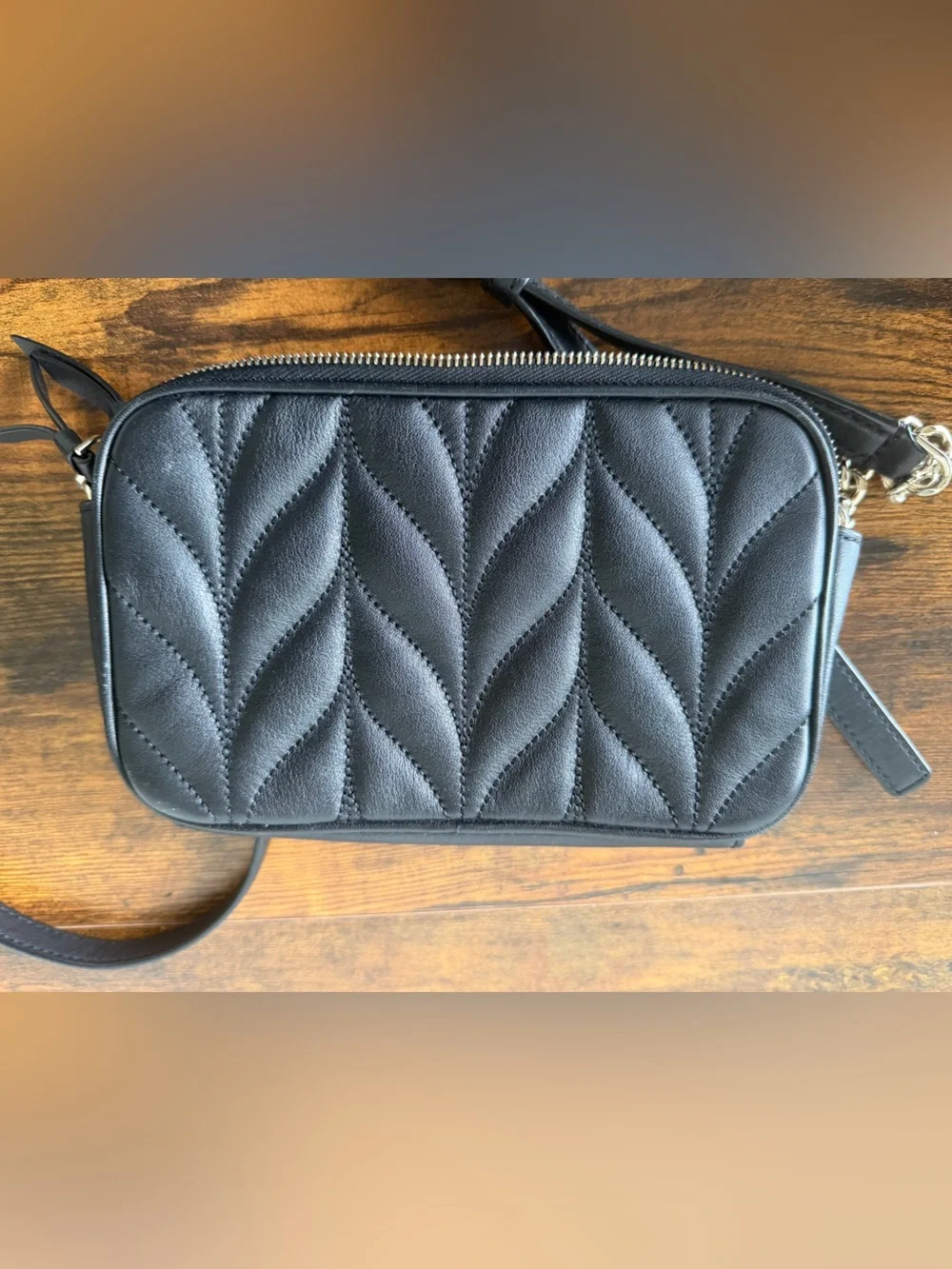 kate spade Black Quilted Leather Camera Crossbody with Gold Chain